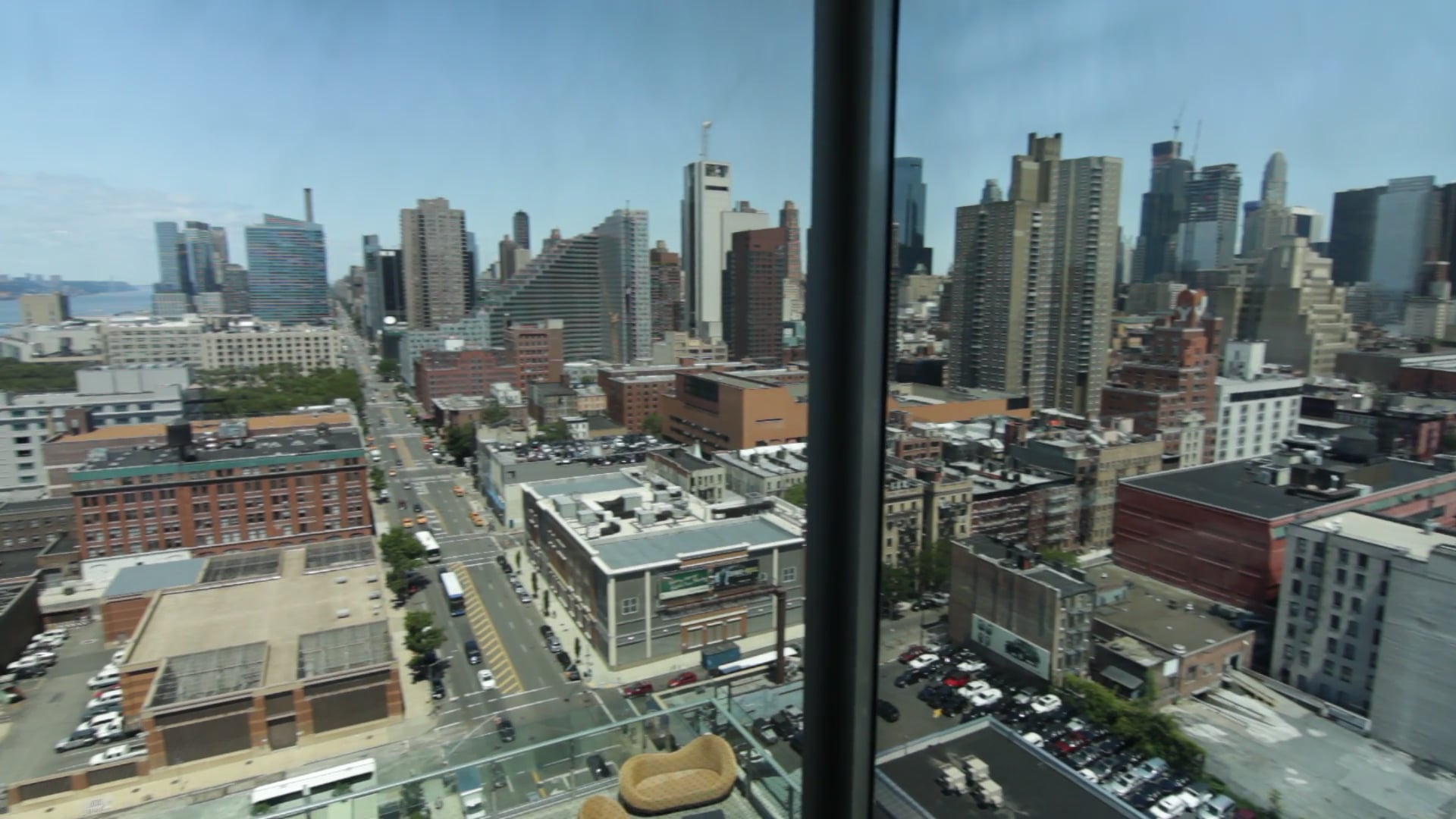 A city business district seen from an office window
